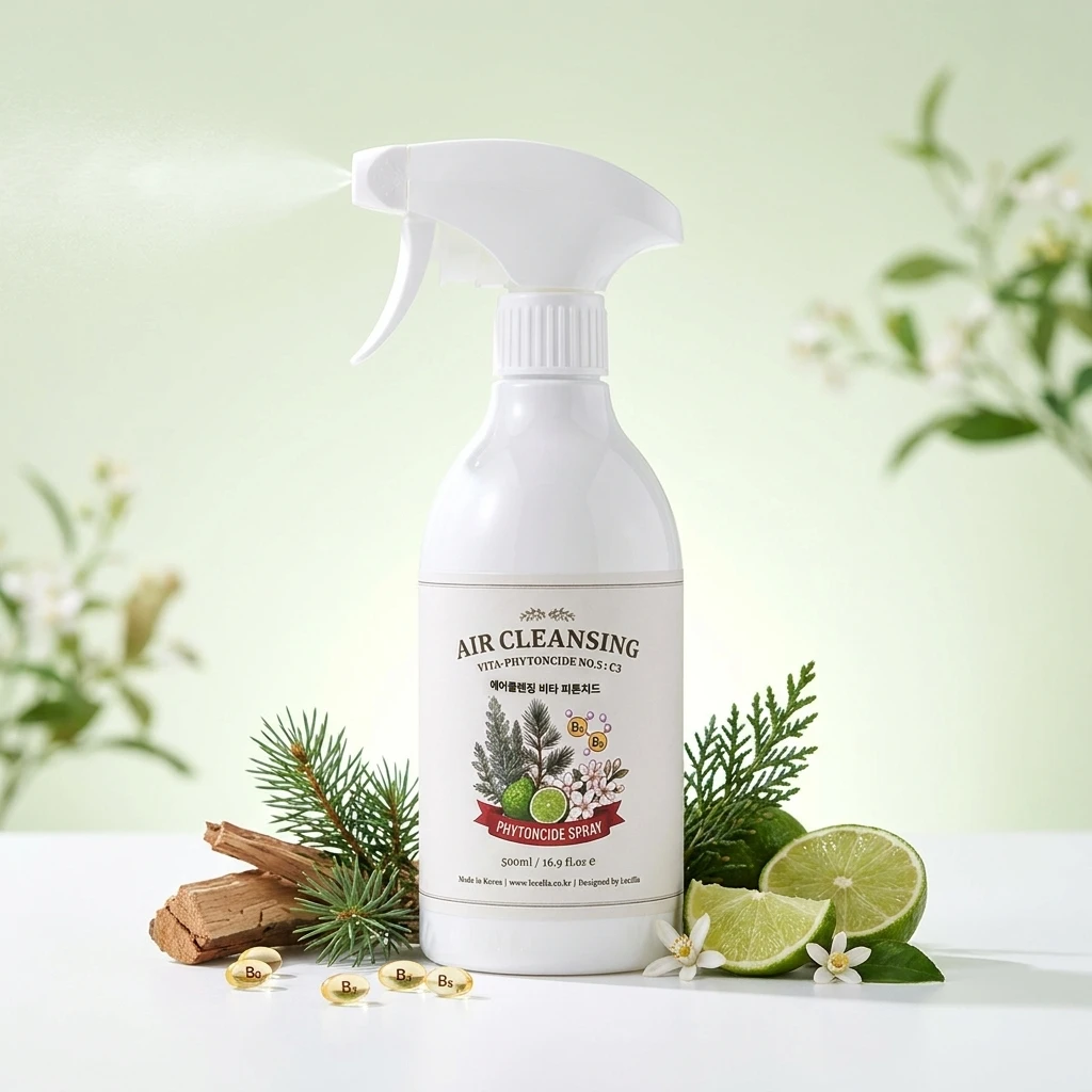 편백과 베르가못을 배경으로 놓인 AIR CLEANSING 500밀리리터 스프레이 제품